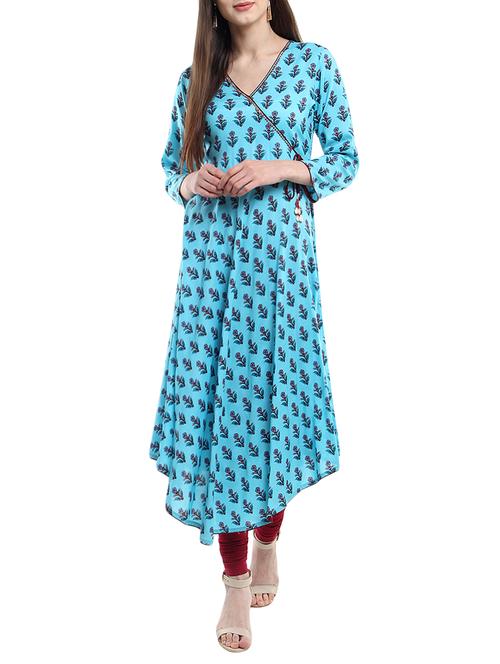 turquoise rayon printed angrakha kurta - 13754926 - Very Small Image - 1