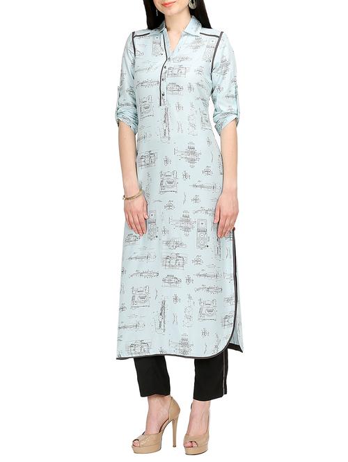 Sky blue rayon printed shirt collar kurta - 13756162 - Very Small Image - 1