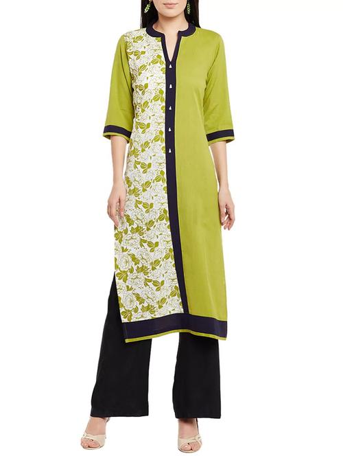 mehandi green cotton printed straight kurta - 13768438 - Very Small Image - 1