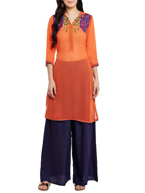 orange georgette embroidered high-low kurta - 13768441 - Very Small Image - 1