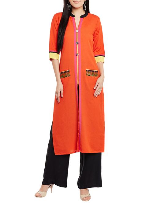 orange cotton solid high slit kurta - 13768446 - Very Small Image - 1