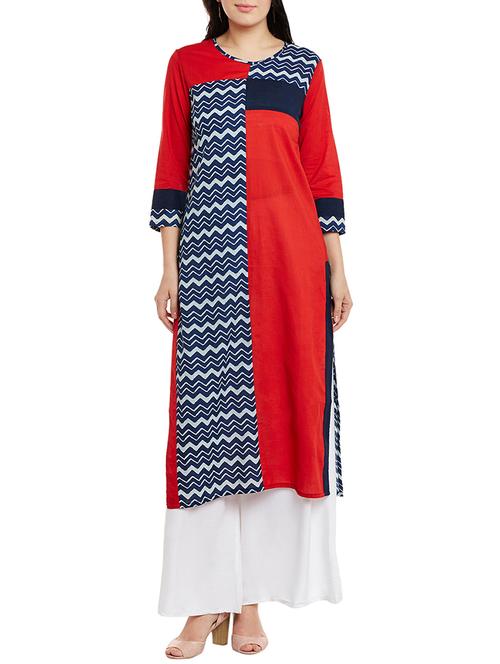 red cotton printed straight kurta - 13768452 - Very Small Image - 1