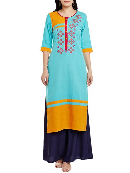 turquoise rayon embroidered straight kurta - 13768462 - Very Small Image - 1