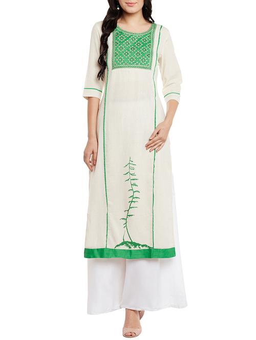 white & green cotton embroidered straight kurta - 13768466 - Very Small Image - 1