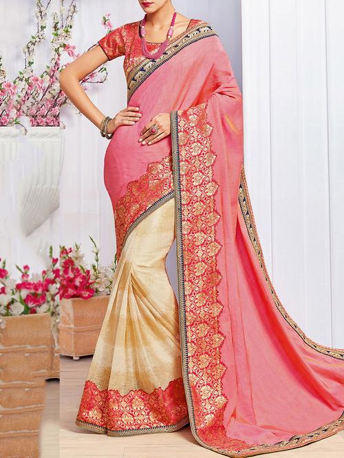 pink & beige georgette printed half and half saree with blouse - 13768530 - Very Small Image - 1