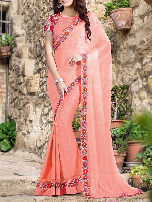 peach woven chiffon saree with blouse - 13768559 - Very Small Image - 1