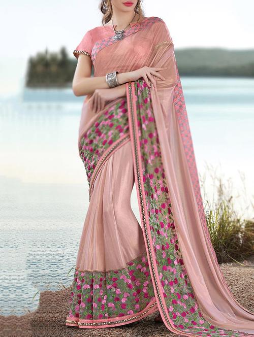 peach georgette embroidered saree with blouse - 13768604 - Very Small Image - 1