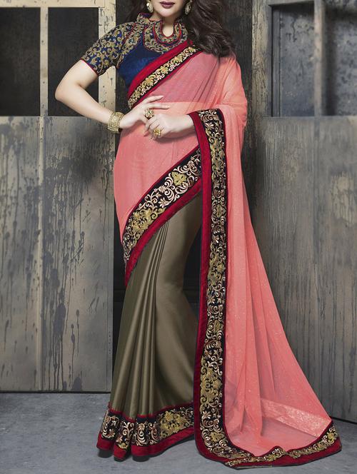 peach chiffon half and half saree with blouse - 13768614 - Very Small Image - 1