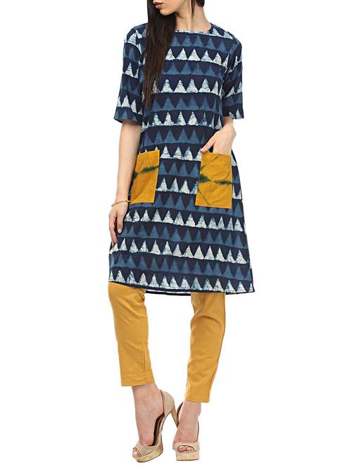 indigo cotton a-line kurta - 13772106 - Very Small Image - 1