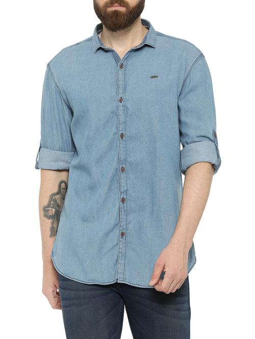 navy blue denim casual shirt - 13773060 - Very Small Image - 1