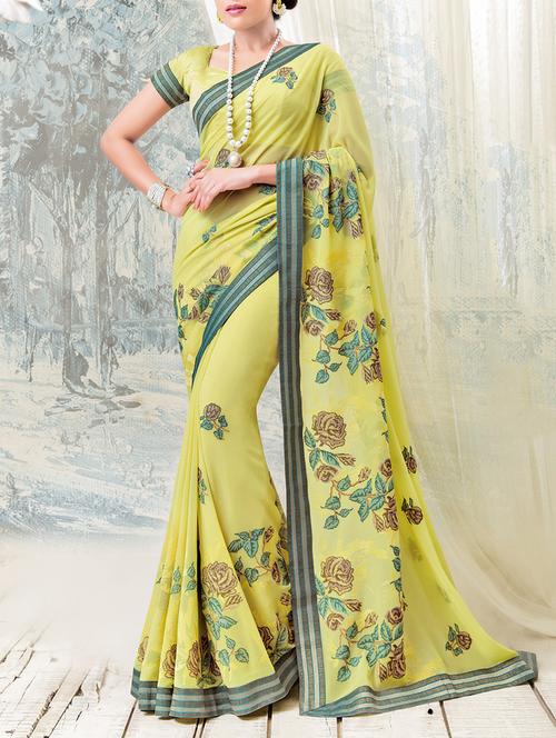 yellow georgette printed saree with blouse - 13778302 - Very Small Image - 1