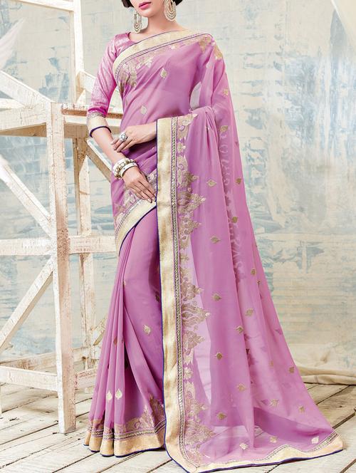 dark pink georgette embroidered saree with blouse - 13778303 - Very Small Image - 1