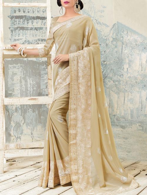 beige georgette embroidered saree with blouse - 13778307 - Very Small Image - 1