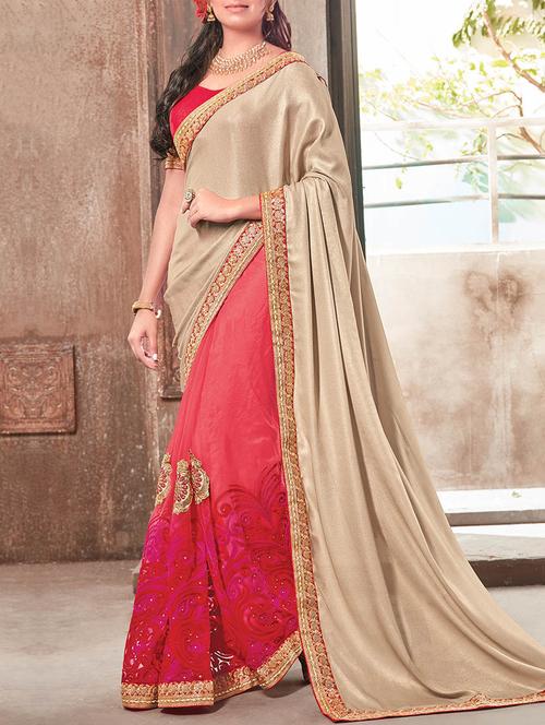 beige & red chiffon embroidered half & half saree with blouse - 13778357 - Very Small Image - 1