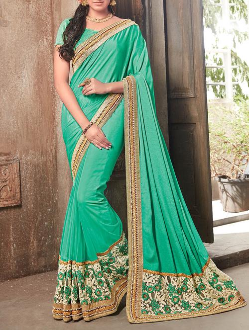 tuquoise green chiffon bordered saree with blouse - 13778358 - Very Small Image - 1