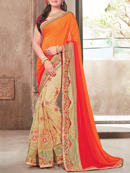 orange & beige chiffon embroidered half & half saree with blouse - 13778363 - Very Small Image - 1