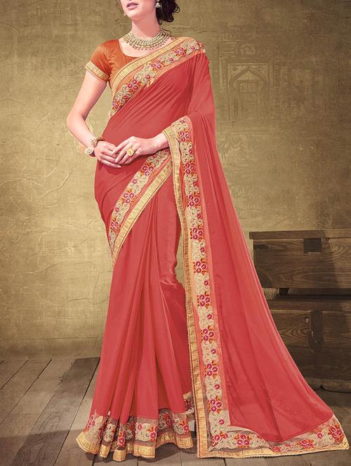 dark orange chiffon bordered saree with blouse - 13778367 - Very Small Image - 1