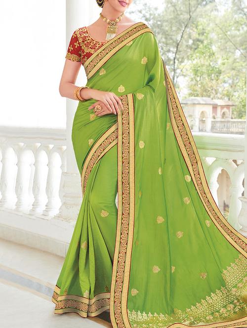 green silk embroidered saree with blouse - 13778404 - Very Small Image - 1
