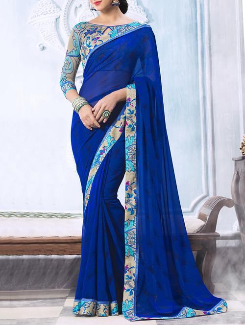 blue georgette printed saree with blouse - 13778418 - Very Small Image - 1