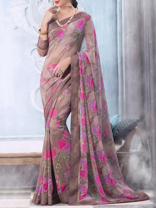 brown georgette printed saree with blouse - 13778425 - Very Small Image - 1