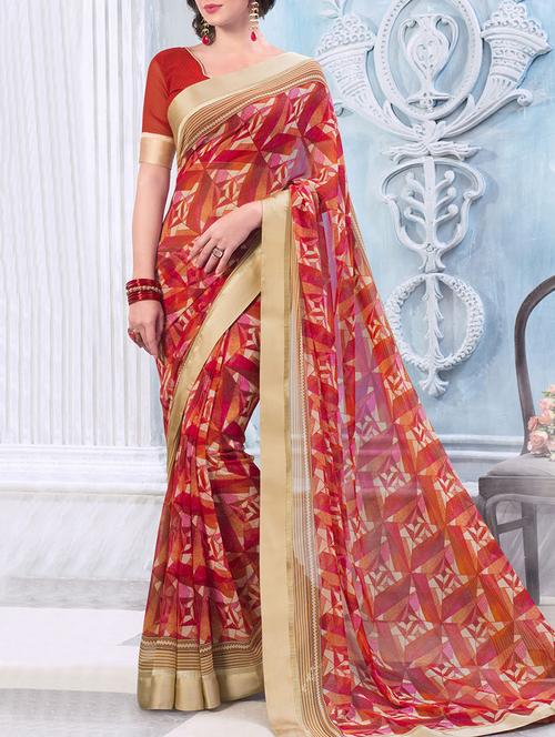 orange georgette printed saree with blouse - 13778432 - Very Small Image - 1