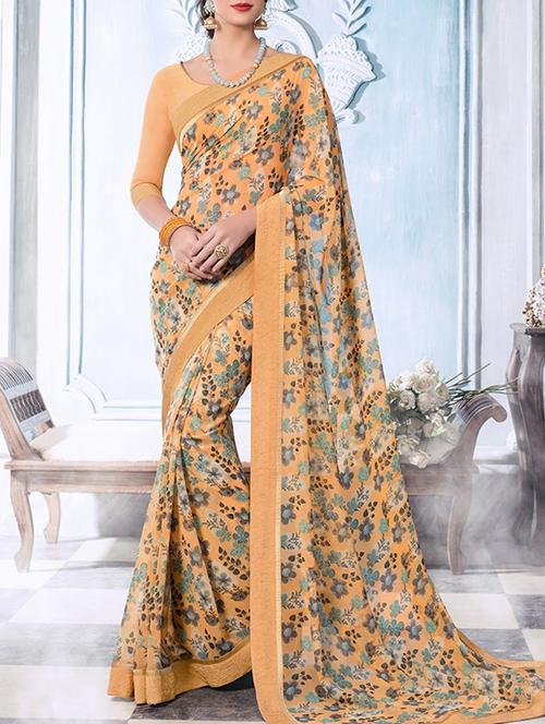 light orange georgette printed saree with blouse - 13778434 - Very Small Image - 1