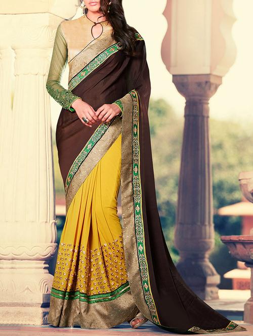 brown & mustard georgette embroidered half & half saree with blouse - 13778444 - Very Small Image - 1