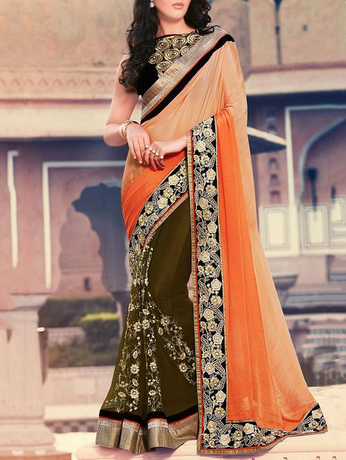 orange & green chiffon embroidered half & half saree with blouse - 13778446 - Very Small Image - 1