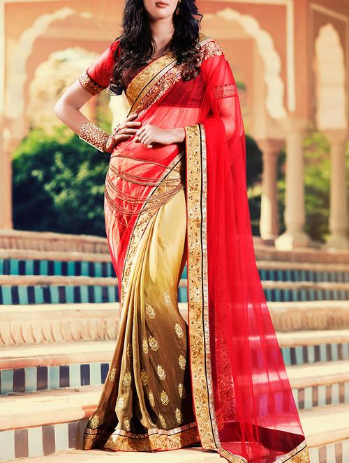 red & cream net embroidered half & half saree with blouse - 13778447 - Very Small Image - 1
