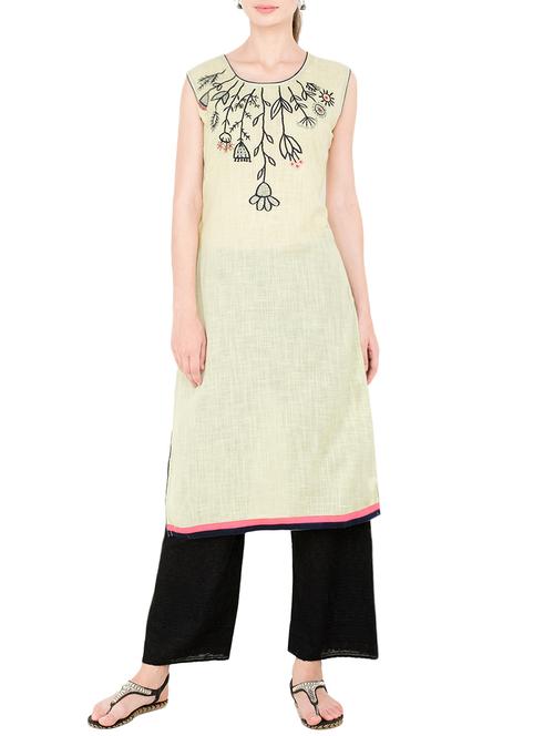 yellow cotton embroidered straight kurta - 13810307 - Very Small Image - 1