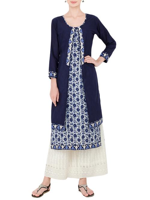 indigo cotton embroidered straight kurta - 13810312 - Very Small Image - 1