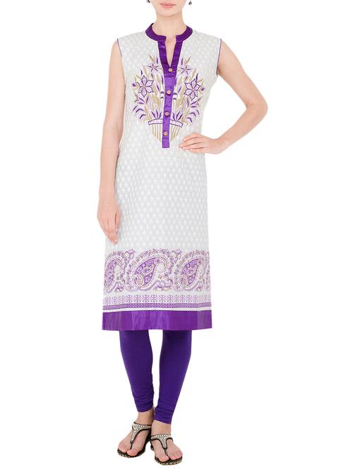 off white cotton embroidered straight kurta - 13810317 - Very Small Image - 1