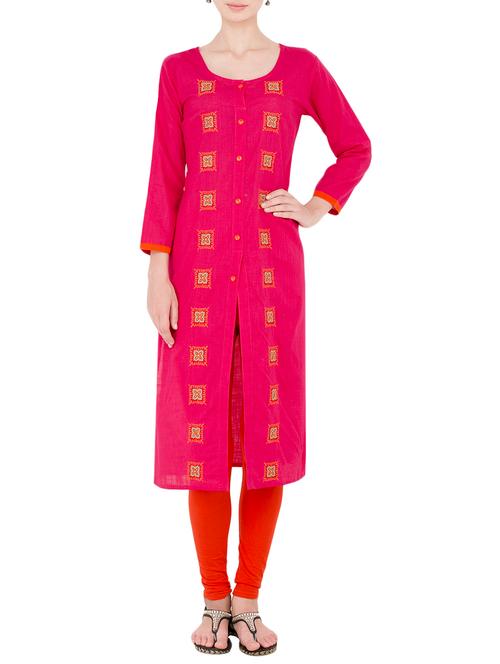 pink cotton embroidered straight kurta - 13810318 - Very Small Image - 1