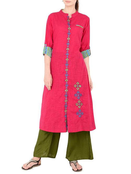 pink cotton embroidered straight kurta - 13810330 - Very Small Image - 1