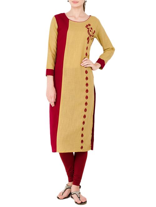 beige cotton embroidered straight kurta - 13810332 - Very Small Image - 1
