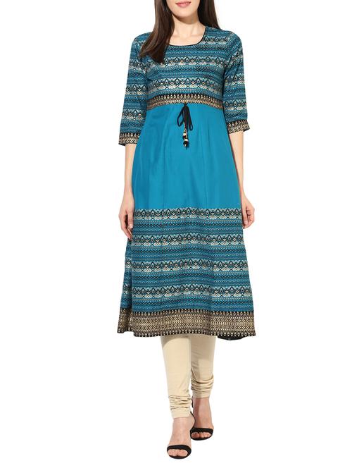 green cotton printed anarkali kurta - 13826394 - Very Small Image - 1