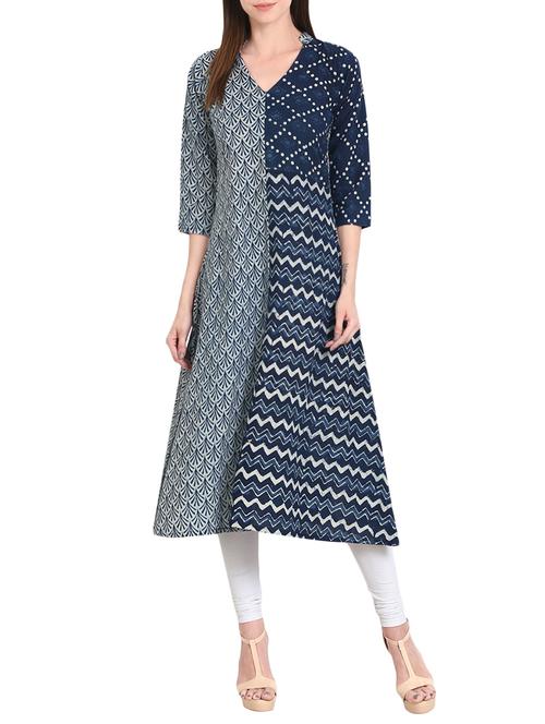 indigo printed a-line kurta - 13837006 - Very Small Image - 1