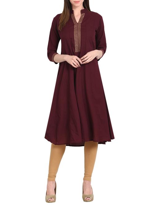 purple cotton solid flared kurta - 13837015 - Very Small Image - 1