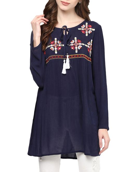 navy blue embroidered rayon regular tunic - 13838882 - Very Small Image - 1