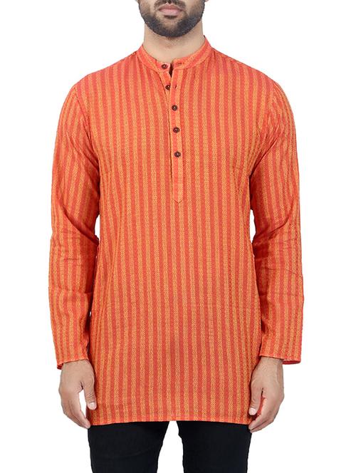 orange cotton striped kurta - 13841963 - Very Small Image - 1