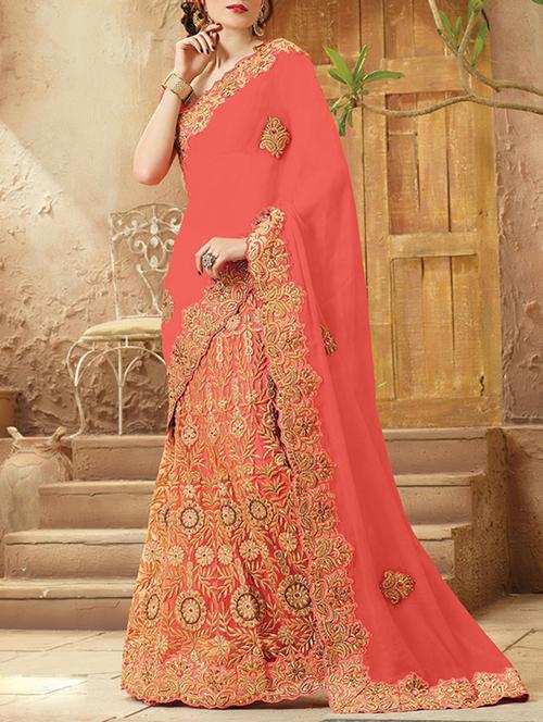 orange georgette embroidered saree with blouse - 13841981 - Very Small Image - 1