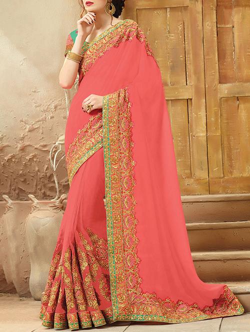 red georgette embroidered saree with blouse - 13841983 - Very Small Image - 1
