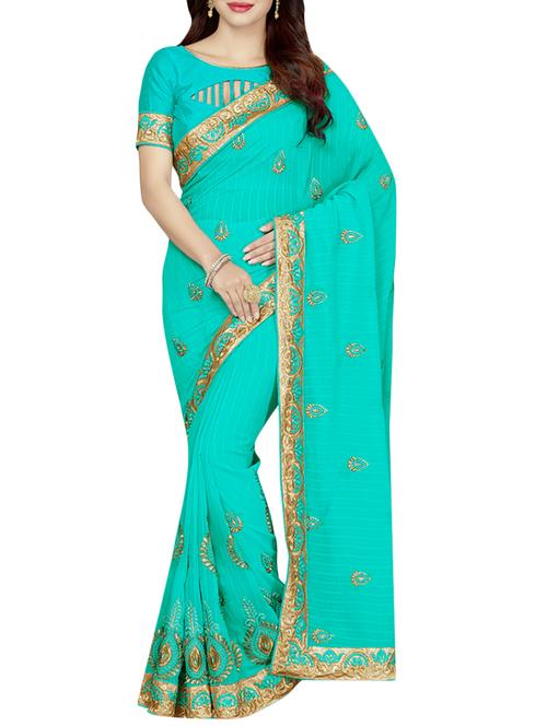 turquoise embroidered georgette saree with blouse - 13842492 - Very Small Image - 1
