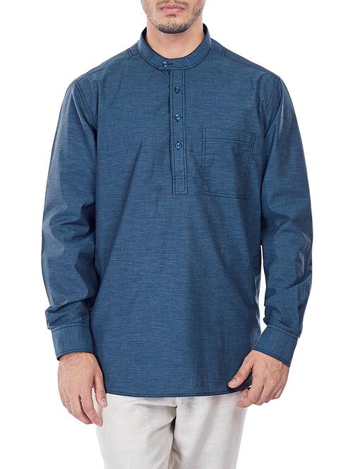 solid teal blue linen kurta - 13842636 - Very Small Image - 1