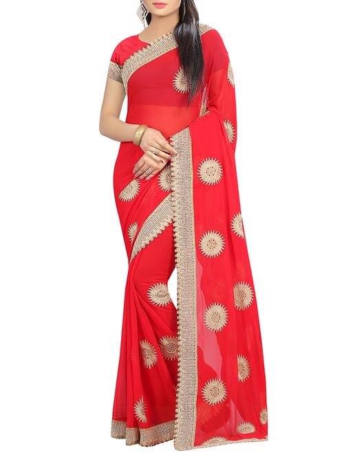 red embroidered georgette saree with blouse - 13842655 - Very Small Image - 1