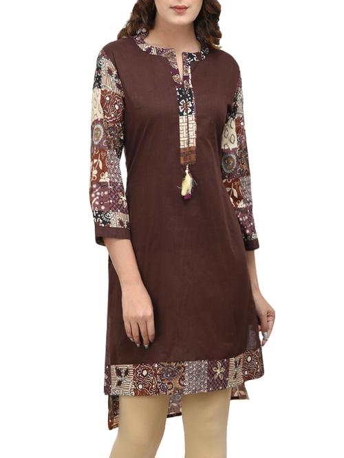 brown cotton printed high-low kurta - 13843037 - Very Small Image - 1