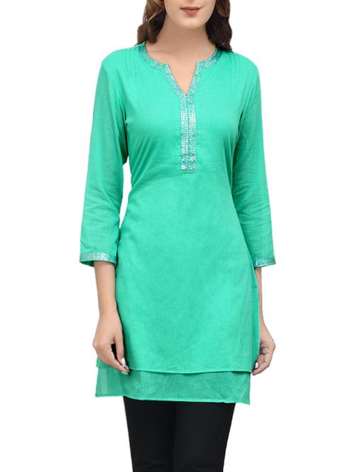 aqua green cotton solid straight kurta - 13843038 - Very Small Image - 1