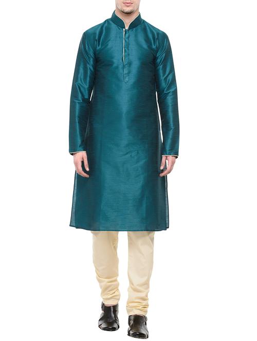 teal blue silk blend kurta pyjama set - 13845237 - Very Small Image - 1