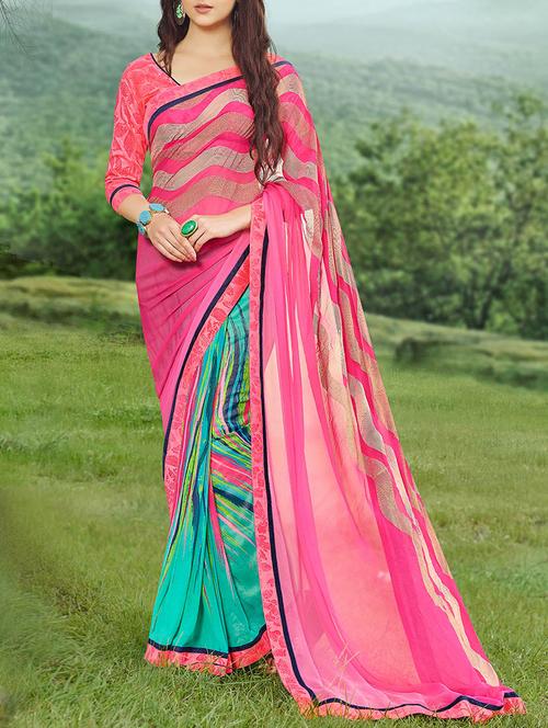 pink & sky blue georgette printed half & half saree - 13848095 - Very Small Image - 1