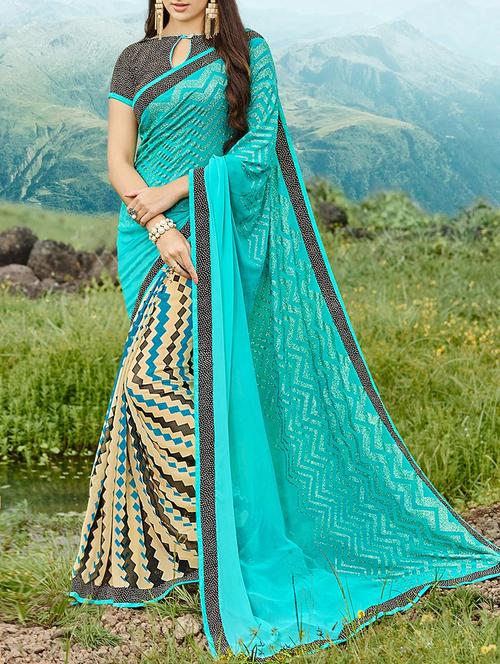 sky blue & beige georgette printed half & half saree - 13848100 - Very Small Image - 1